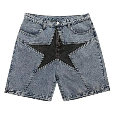 CUTEGAL Star Jorts for Men Denim Shorts Baggy Jorts Mid Rise Stretchy Patchwork Jeans Shorts Jorts Y2K (A XL)