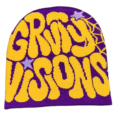 yolrdiw Women Beanie Y2k Letter Graphic Soft Warm Knitted Hats Men Winter Cap Purple/Yellow