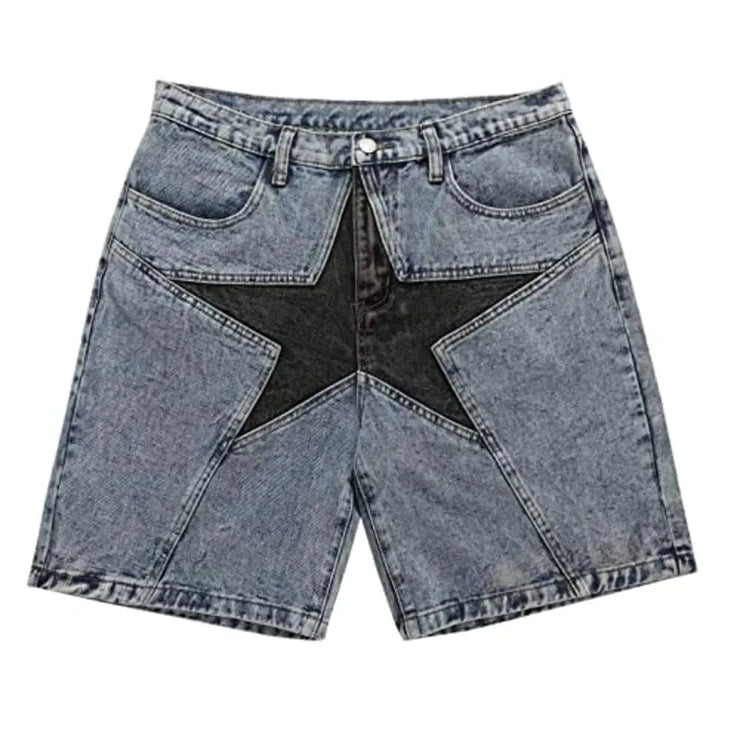CUTEGAL Star Jorts for Men Denim Shorts Baggy Jorts Mid Rise Stretchy Patchwork Jeans Shorts Jorts Y2K (A XL)