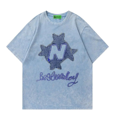 BestLucky Star Shirt Y2k Oversized Graphic Tees for Men Unisex Vintage Streetwear Shirts Blue