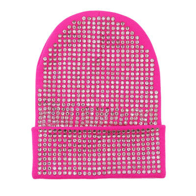 RARITYUS Bling Rhinestone Beanie Hats for Women Men Warm Knitted Winter Hats Y2K Stretchy Cuffed Skull Cap Hot Pink