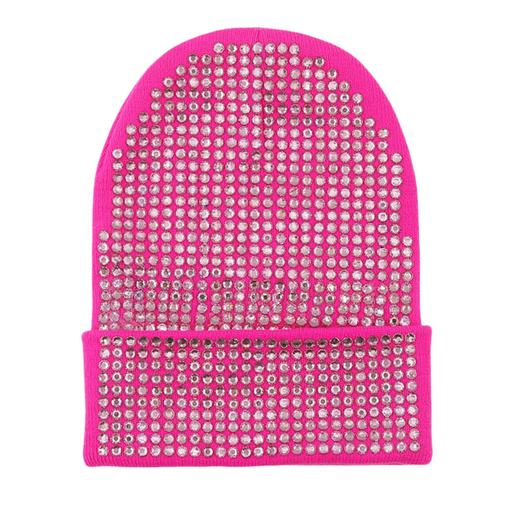 RARITYUS Bling Rhinestone Beanie Hats for Women Men Warm Knitted Winter Hats Y2K Stretchy Cuffed Skull Cap Hot Pink