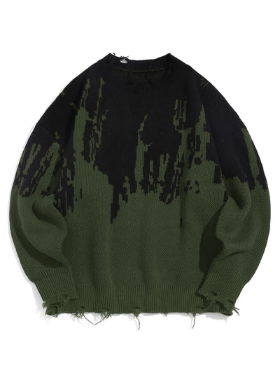 ZAFUL Frayed Hem Flame Sweater for Men Trendy Ripped Halloween Pullover Sweaters Raglan Sleeve Y2K Street Knitwear Green M